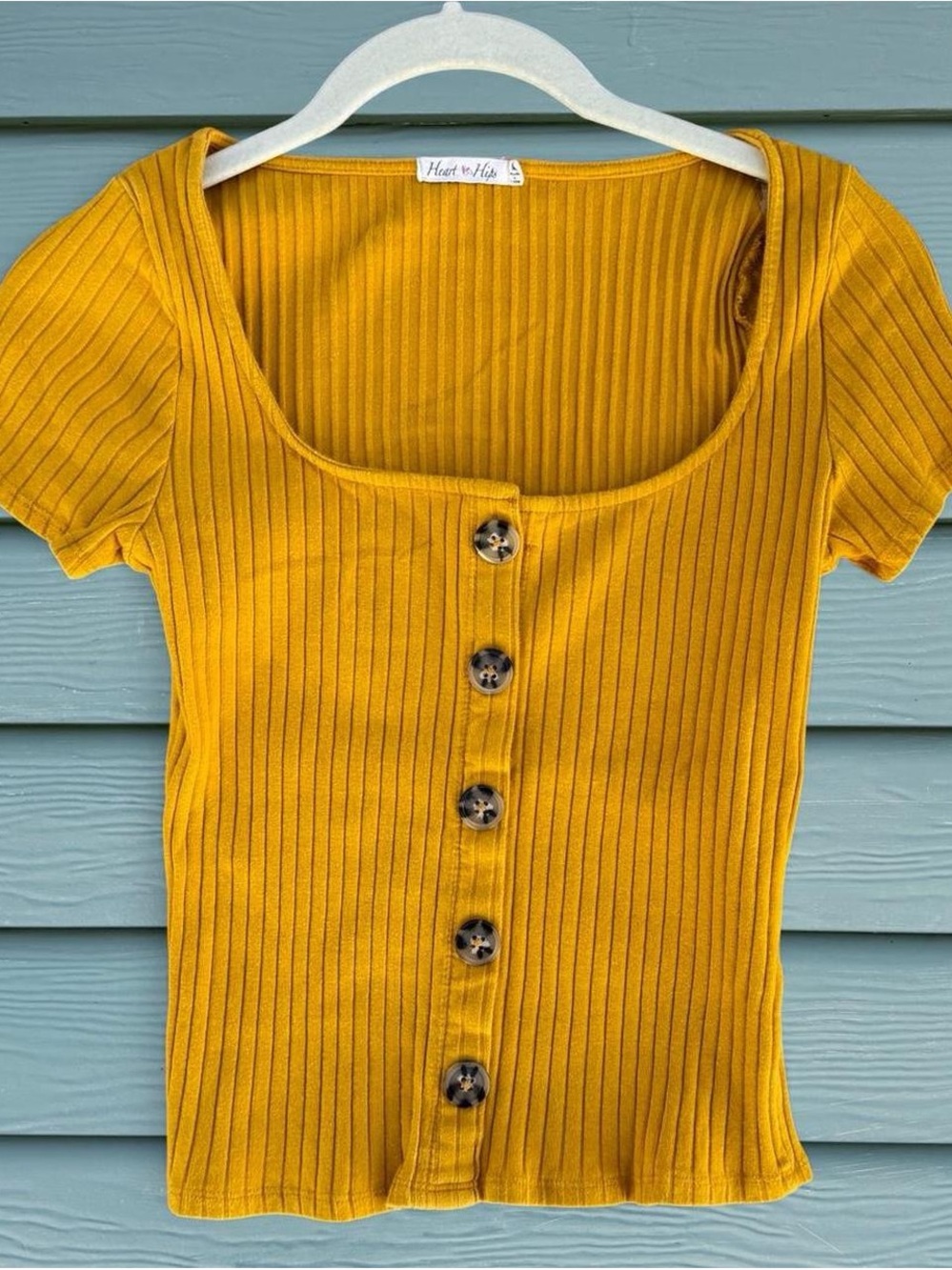 Heart Hips Mustard Ribbed Scoop Neck Short Sleeve Top with Tortoiseshell Buttons